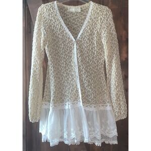A'Reve Cardigan Gold Duster Honeycomb‎ Pattern Button Lace Maxi  Kimono  L